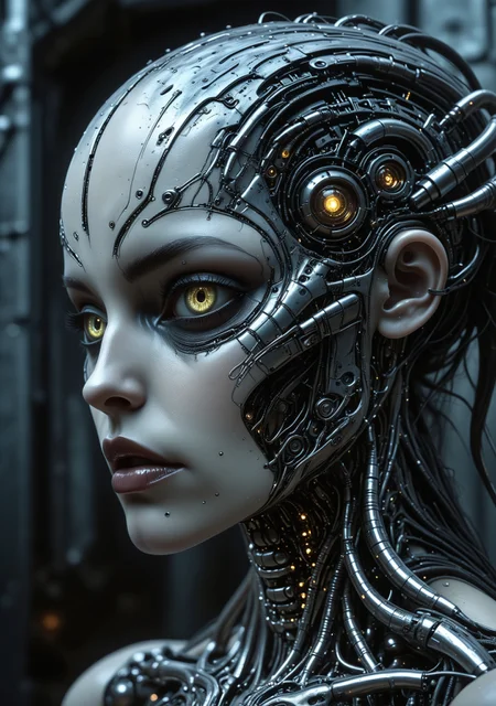 midjourneyv6.1, muscle_bimbo, score_9, score_8, score_7, Close up face, robotic mechanical eyes, steel metal lips, (hybrid ethereal host - cybernetic woman). Eerie, moody atmosphere, (biomechanical details), intricate metal textures, surreal and haunting vibes, illuminated by soft, otherworldly light, shadowy background with faint glimmers, hyperdetailed design, enigmatic presence, striking contrast between light and darkness, visually compelling composition, (4K), ultra-detailed artistry. hkmagic, cyberpunk, style of H. R. Giger<lora:lora\aidmaMidjourneyV6.1-v0.1.safetensors:0.8:0.8><lora:lora\Muscle_Bimbo_SDXL.safetensors:1.0:1.0><lora:lora\Derelict_Faces_e31.safetensors:0.8:0.8>