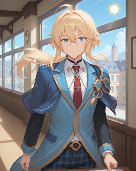 masterpiece,best quality,amazing quality, newest, very aesthetic, absurdres,
1boy, solo, yaoi, male focus, looking at viewer, cowboy shot,
<lora:Grandiel_Likability_ilxl:1> likabilitygrandiel, pointy ears, blonde hair, blue eyes, long hair, glasses, hair between eyes, ahoge, low ponytail, floating hair, elf, sidelocks,
school uniform, white shirt, collared shirt, blue jacket, red necktie, black pants, plaid pants,
indoors, school, hallway, window, day, sun,