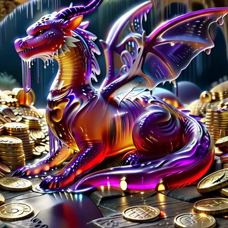 1dragon, highly detailed deep purple dragon, deep purple dragon made out of slime, scaly deep purple slime dragon, slime dragon with red eyes, deep purple slime dragon laying in its hoard, blue slime dragon with wings, dragon wings, detailed claws, detailed feet, detailed tail,
multi-colored gems made out of slime, in a room of treasure made out of slime, gold coins and bars made out of slime, piles of coins, piles of gold slime coins, piles of gold slime, tiny gold slime coins, no large coins, no medium coins, only tiny coins,
treasure-room, treasure, gemstone, coins, gold bars, gold pile,
everything made of slime, No simple background,
((translucent slime)), ((transparent slime)), (bioluminescent slime), sl1m3, slime, ais-blmn, watce, je11y, thickwater, great lighting, ral-lava, even lighting, no bright spots, saturated colors,