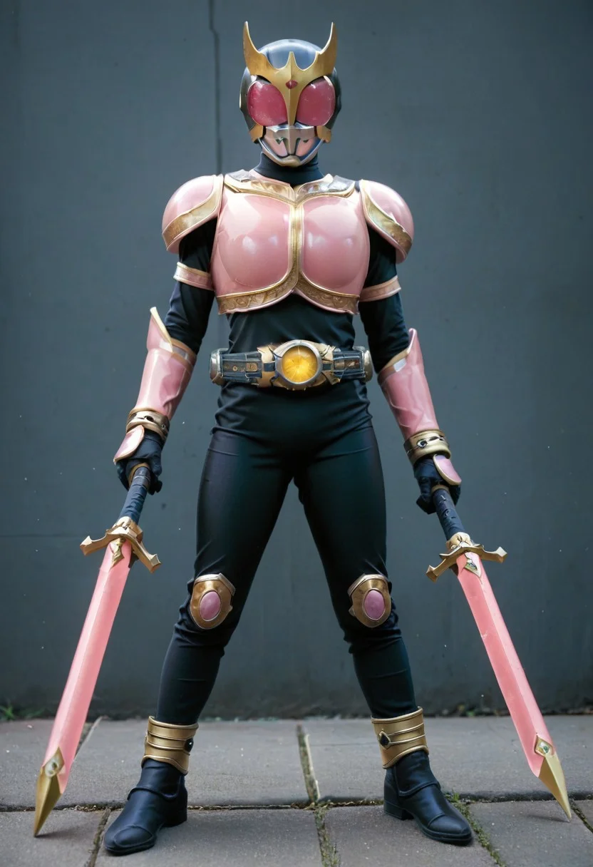 score_9, score_8, score_7, rising, full body, solo, Pink armor, gold trim, black bodysuit, Pink eyes, bow /(weapon/), holding bow /(weapon/), helmet, tokusatsu, belt