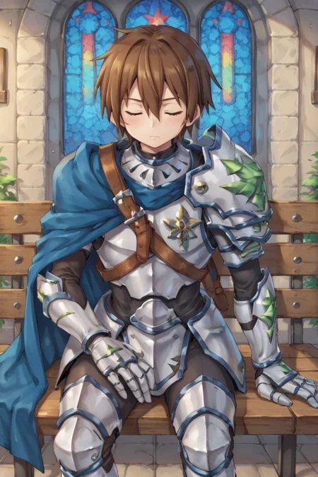 score_9, score_8_up, score_7_up, score_6_up, source_anime, BREAK, <lora:Durant:0.85>, durdef, 1boy, brown hair, short hair, hair between eyes, closed eyes, white armor, short blue cape, shoulder belt, single pauldron, shoulder armor, gauntlets, greaves, cowboy shot, (solo), sleeping,  closed mouth, interior, church, sitting on  bench, night, <lora:backgroundsetXL:0.2> , background,  <lora:f3nn3rXLP:0.6> , f3nn3r, colourful, pink, blue, black, red, trippy,