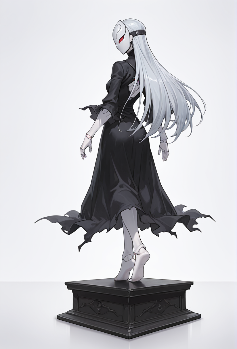 Smooth Quality,masterpiece,very intricate, high quality details, ultra realistic, high detailed skin,detailed enviorement,absurdres,
simple background, white background, 
from behind,solo,balancing,
 <lora:Berettacnn:0.8>  beretacnn,1girl, long hair,red eyes, (mask:1.1), black dress,silver hair, doll joints, no humans, no mouth,