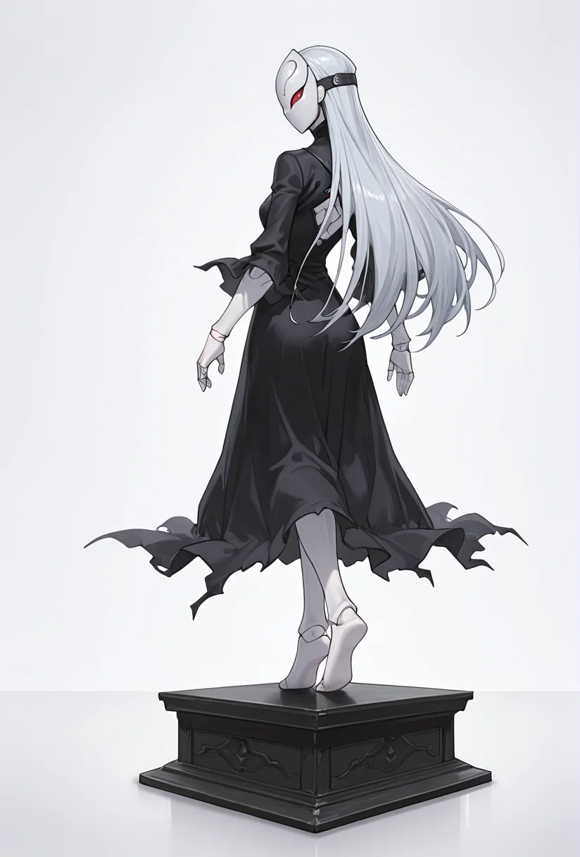 Smooth Quality,masterpiece,very intricate, high quality details, ultra realistic, high detailed skin,detailed enviorement,absurdres,
simple background, white background, 
from behind,solo,balancing,
 <lora:Berettacnn:0.8>  beretacnn,1girl, long hair,red eyes, (mask:1.1), black dress,silver hair, doll joints, no humans, no mouth,