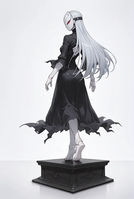 Smooth Quality,masterpiece,very intricate, high quality details, ultra realistic, high detailed skin,detailed enviorement,absurdres,
simple background, white background, 
from behind,solo,balancing,
 <lora:Berettacnn:0.8>  beretacnn,1girl, long hair,red eyes, (mask:1.1), black dress,silver hair, doll joints, no humans, no mouth,