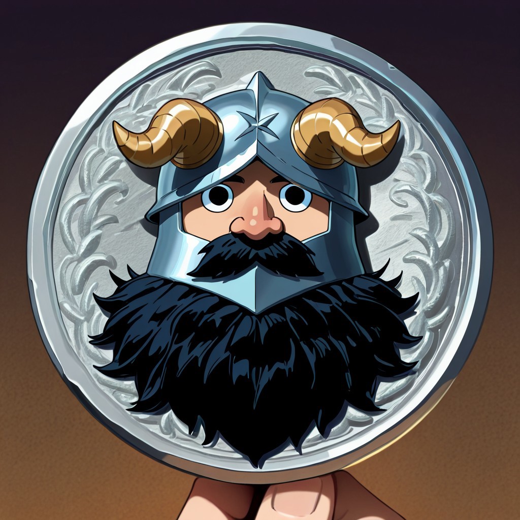 masterpiece, best quality, newest, absurdres, highres, anime, anime style, TheC0in-silver, silver, silver coin, coin, TheC0in, 
1boy, senshi_(dungeon_meshi) /(dungeon meshi/), dwarf, beard, helmet, black hair, black eyes,
made of silver, objectification,