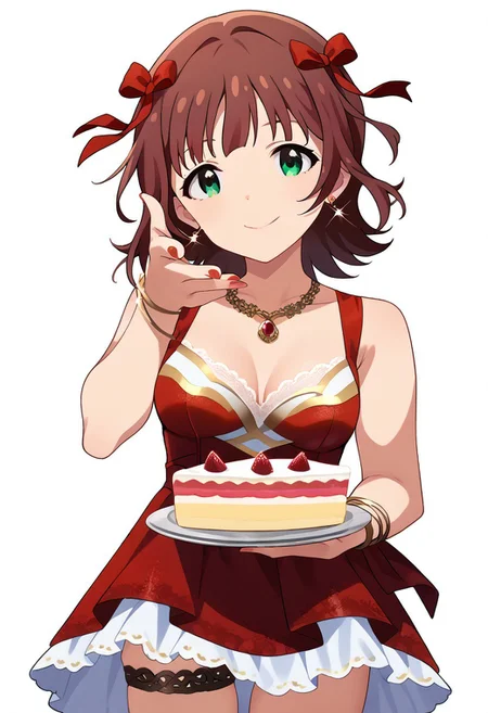 score_9, score_8_up, score_7_up, source_anime,
standing, throwing at viewer, cake throw, cowboy shot, white background,
ammhrk, short hair, medium hair, brown hair, bangs, (red hair ribbon:1.2), green eyes, medium breasts,
idol costume, red dress, lace trim, luxury, thighs, lace thigh strap, earrings, necklace, bracelet, nail polish, detailed eyes, eye refraction, smile