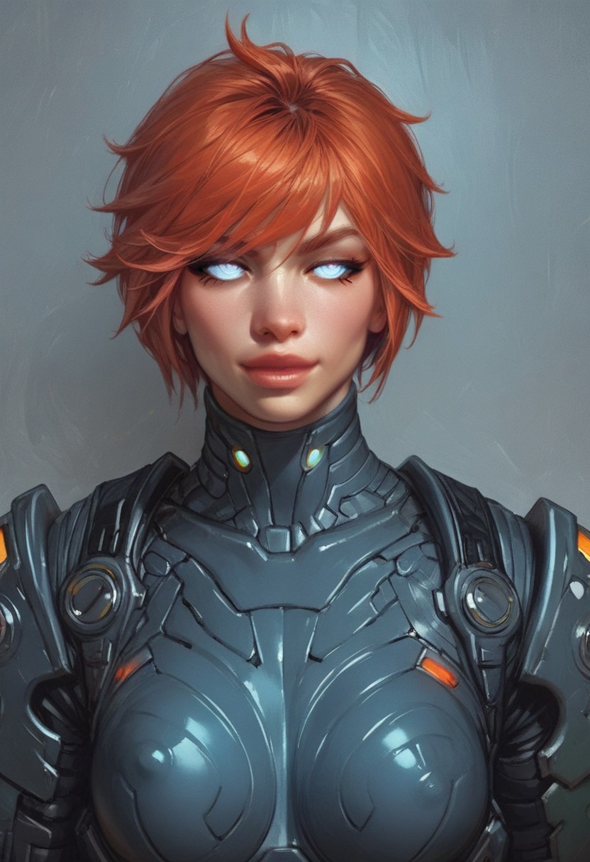 ((1girl, cute face, dynamic pose,
Glowing aura surrounding a futuristic character like the Nomad, clad in a futuristic detailed brown suit handmade, (((futuristic army vest armor))) patches on suit, redhead, long bangs, holographic blue light streaks, medium breasts, (big shining white eyes without pupils:1.5), dynamic pose)), coy smile
BREAK 
((((full closed)))), (((big futuristic gun in hands, sci-fi gun in hands)))
score_9, score_8_up, score_7_up, score_6_up, source_cartoon, rating_explicit, Expressiveh, (((((upper body))))), dynamic pose, (in wastelands, sandstorm:1.3)