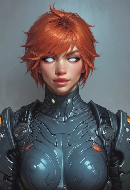 ((1girl, cute face, dynamic pose,
Glowing aura surrounding a futuristic character like the Nomad, clad in a futuristic detailed brown suit handmade, (((futuristic army vest armor))) patches on suit, redhead, long bangs, holographic blue light streaks, medium breasts, (big shining white eyes without pupils:1.5), dynamic pose)), coy smile
BREAK 
((((full closed)))), (((big futuristic gun in hands, sci-fi gun in hands)))
score_9, score_8_up, score_7_up, score_6_up, source_cartoon, rating_explicit, Expressiveh, (((((upper body))))), dynamic pose, (in wastelands, sandstorm:1.3)