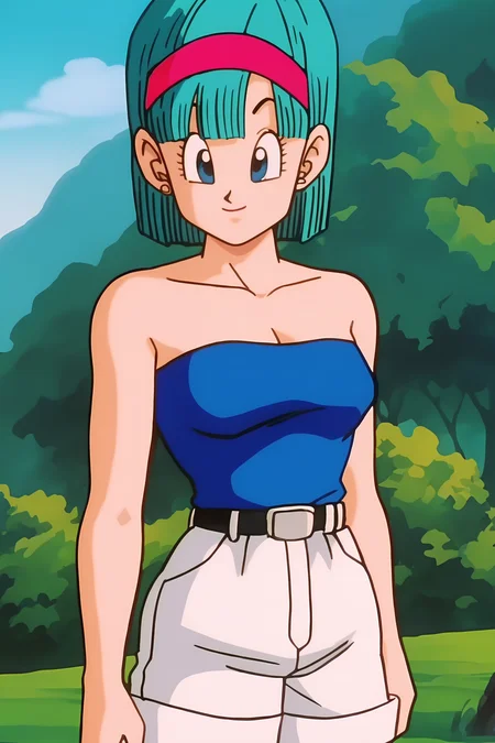 source_anime, score_9, score_8_up, score_7_up, anime screencap, high quality, 8k, absurdres, official style, 
bulma, turlus movie, short hair, fringe trim, blue eyes, bangs, pink hairband, aqua hair,
bare shoulders, bare arms, cleavage, collarbone, strapless, crop top, blue topwear, belt, shirt tucked in, white shorts, 
cowboy shot, forest, tree, smile, 
 <lora:bulmaDBZ_pony_v2:0.8>