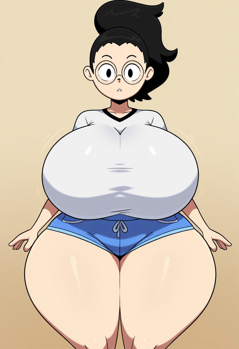 ,white shirt,blue shorts,
black hair,ponytail,round glasses,
huge breast,huge hips,full bodu view,small waist
front view,looking at viewer,