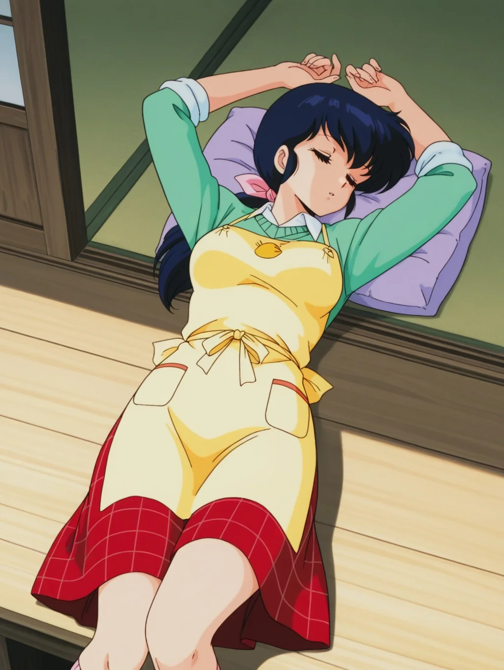 masterpiece, best quality, amazing quality, detailed background, perfect eyes, anime coloring, anime screenshot, 1980s \(style\), 1girl, solo, mature female, otonashi kyouko, black hair, long hair, low ponytail, blue eyes, medium breasts, green sweater, sleeves rolled up, white shirt, red plaid skirt, piyo piyo apron, socks, lying, on back, arms up, cushion under waist, closed eyes, sleeping, (outdoors, veranda)
