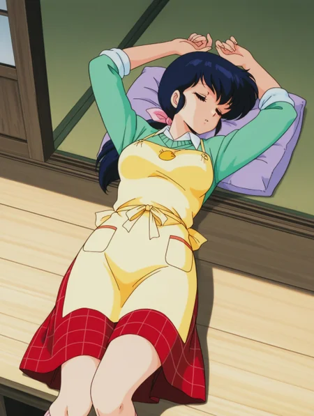 masterpiece, best quality, amazing quality, detailed background, perfect eyes, anime coloring, anime screenshot, 1980s \(style\), 1girl, solo, mature female, otonashi kyouko, black hair, long hair, low ponytail, blue eyes, medium breasts, green sweater, sleeves rolled up, white shirt, red plaid skirt, piyo piyo apron, socks, lying, on back, arms up, cushion under waist, closed eyes, sleeping, (outdoors, veranda)