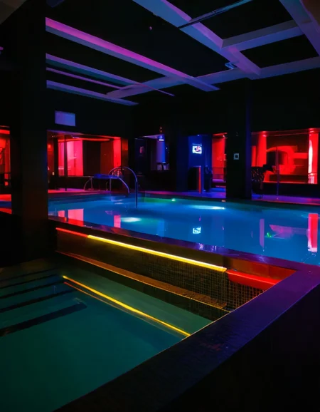 UHD, 8K, ultra detailed, highly realistic photo of highly realistic photo, solo, 1boy, ultra detailed, 35mm film, high resolution photography, (no humans, :1.2) dark low light interior indoors, interior design elements, pool area, dark neon lighting in the background, night, dark low lighting elements, red theme, high resolution, 8K resolution, epic photo quality:, 4K quality, epic detailed, 35mm film, sharp focus, high budget, gaybathhouse, (high resolution 8K photo quality:1.3)