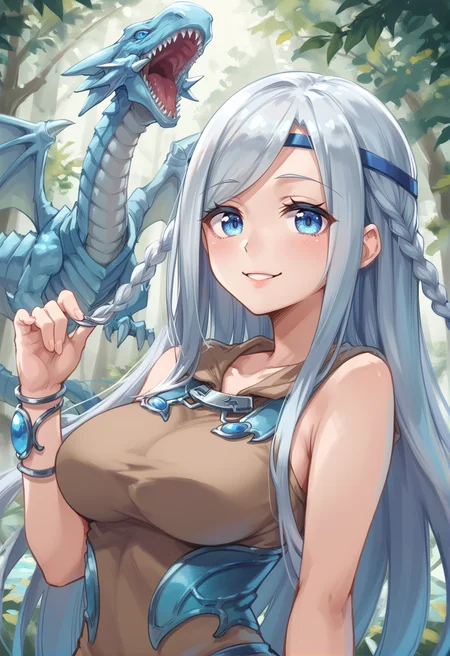 (score_9:0.9),score_8_up,score_7_up,rating_explicit,(zPDXL),(zPDXL3),
<lora:Maiden with Eyes of Blue PonyXL v1.2:0.71>,forest,maiden with eyes of blue,1girl,dragon,smile,looking at viewer,brown dress,solo,upper body,blue eyes white dragon,blue circlet,silver bracelet,