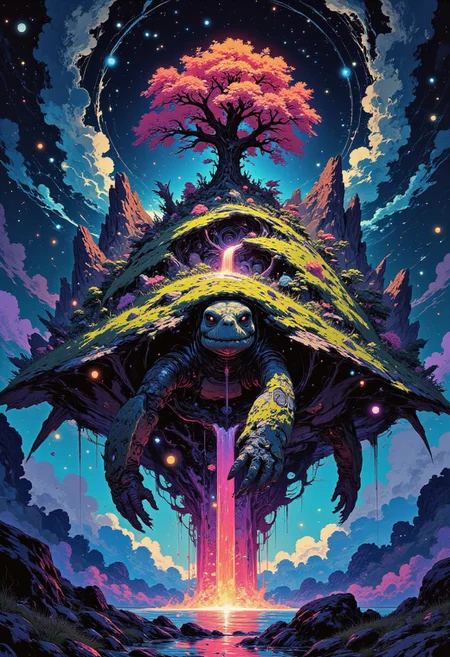 This surreal visual masterpiece features an ancient, weathered turtle gracefully hovering in the infinite expanse of outer space. The turtle's massive, textured shell serves as a foundation for a breathtaking miniature world that unfolds on its back. In the center of this fantastical landscape, a towering solitaire bonsai-style tree with rainbow-colored foliage stands proudly, its vivid hues glowing with an otherworldly brilliance.
The tree is surrounded by a lush, vibrant meadow that radiates life, while dramatic mountains encircle the scene, their peaks reaching upward as though to touch the stars. A cascading waterfall flows from the meadow’s edge, tumbling into the void of space below, creating a mesmerizing interplay of water and cosmic light.
Encircling the turtle are intricate constellations and swirling galactic nebulae, their glowing colors providing a stunning celestial backdrop. The juxtaposition of photorealistic textures with a surreal painterly touch gives the image an enchanting, dreamlike quality, drawing the viewer into its otherworldly charm and endless depth.
in the style of cksc,, 3pic_vist4, anime_martz