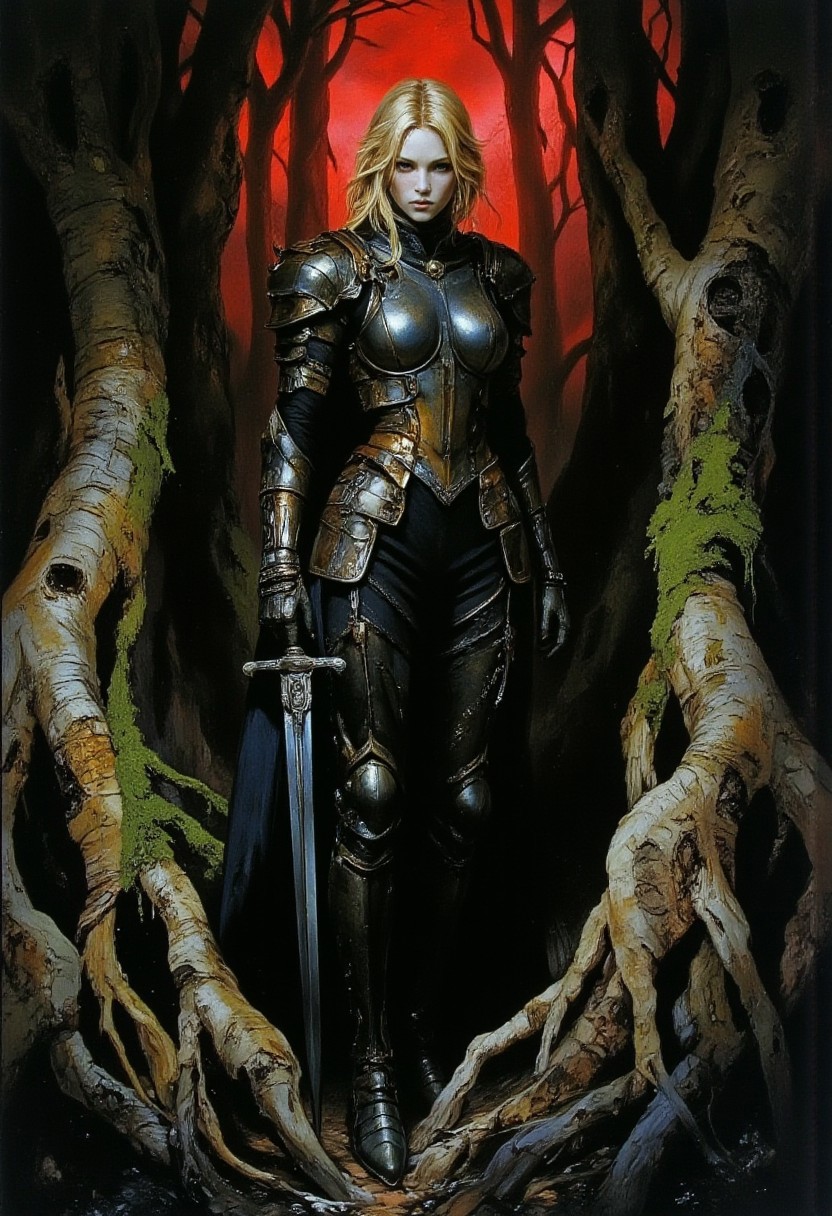 This is a highly detailed, digital painting featuring a female warrior standing in a dense, dark forest. The background consists of towering, moss-covered tree trunks with intricate bark textures, rendered in shades of green and brown. The trees are positioned symmetrically on either side, framing the subject. The lighting is dim, creating a moody atmosphere with shadows that accentuate the warrior's features and armor.
The warrior has pale skin and shoulder-length, platinum blonde hair with a slightly tousled, natural look. She wears a full suit of dark, metallic armor, with intricate details and a glossy finish that reflects light. The armor covers her entire body, including her head, with a high collar that reaches her chin. Her face is stern and determined, with sharp, defined features and intense, piercing blue eyes.
In her right hand, she holds a long, slender sword with a slightly curved blade, ready for combat. The hilt is wrapped in leather, adding texture and contrast to the metallic sheen of the blade. The background behind the warrior is a vivid, fiery red, contrasting sharply with the cool, dark tones of the forest and armor. This striking color choice adds a sense of urgency and danger to the scene. (sydme1 painting, ArsMJStyle, Etherial Gothic)
