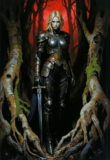 This is a highly detailed, digital painting featuring a female warrior standing in a dense, dark forest. The background consists of towering, moss-covered tree trunks with intricate bark textures, rendered in shades of green and brown. The trees are positioned symmetrically on either side, framing the subject. The lighting is dim, creating a moody atmosphere with shadows that accentuate the warrior's features and armor.
The warrior has pale skin and shoulder-length, platinum blonde hair with a slightly tousled, natural look. She wears a full suit of dark, metallic armor, with intricate details and a glossy finish that reflects light. The armor covers her entire body, including her head, with a high collar that reaches her chin. Her face is stern and determined, with sharp, defined features and intense, piercing blue eyes.
In her right hand, she holds a long, slender sword with a slightly curved blade, ready for combat. The hilt is wrapped in leather, adding texture and contrast to the metallic sheen of the blade. The background behind the warrior is a vivid, fiery red, contrasting sharply with the cool, dark tones of the forest and armor. This striking color choice adds a sense of urgency and danger to the scene. (sydme1 painting, ArsMJStyle, Etherial Gothic)