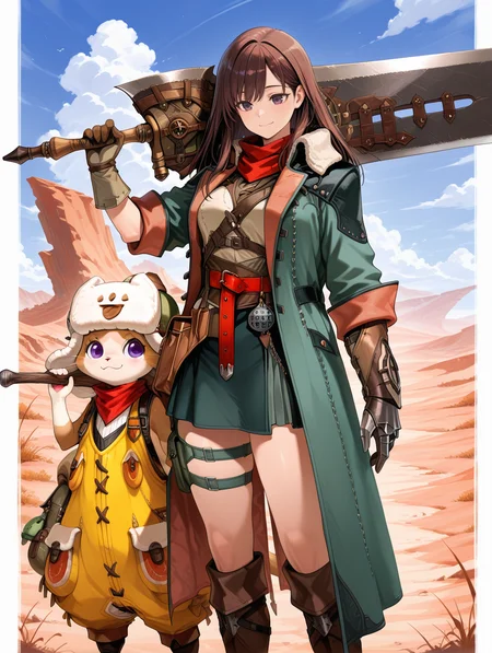 1girl, female hope armor, green coat, white shirt, green skirt, red belt, brown gauntlets, brown pouch, thigh strap, brown knee boots, desert, wildness, nature, blue sky, 1other, felyne, ushanka, red scarf, yellow jumpsuit, backpack, holding huge sword, outdoors, huge sword, weapon over shoulder, cloud, brown hair, brown eyes, fantasy, smile, white border, standing, purple eyes, closed mouth
masterpiece,best quality,amazing quality,very aesthetic,absurdres,newest,<lora:MHWilds hope armor illuXL v1:0.8>,
