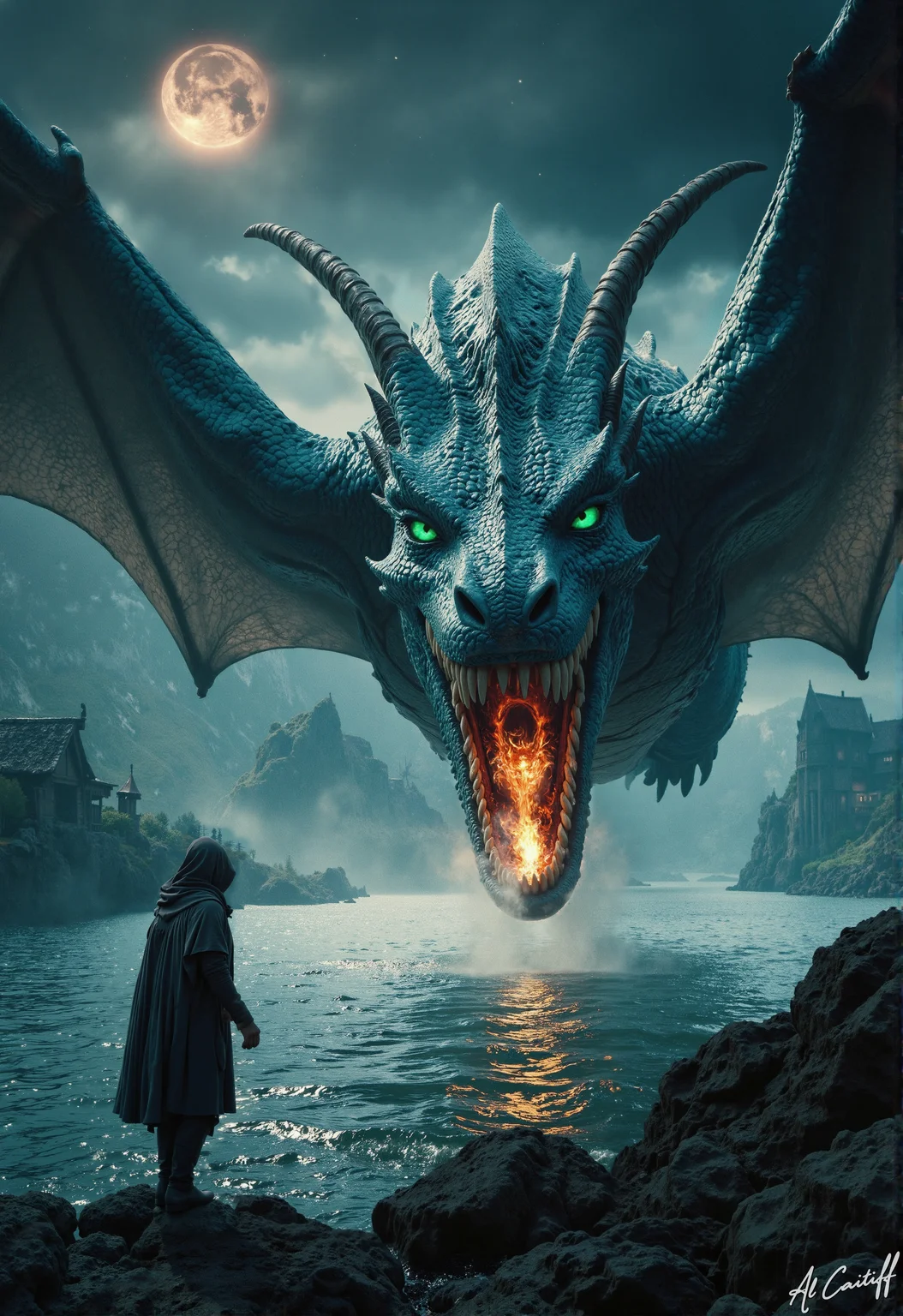 Dutch tilt, 50mm fisheye lens with pronounced barrel distortion, extreme motion blur on water, deep f/4 depth of field. A massive, twisted dragon with iridescent blue scales and a pair of curved horns made of polished obsidian rises from the depths of a mist-shrouded lake, its wings outstretched in a fiery arc. The dragon's eyes burn with an intense, hellish green light, while its mouth is open in a scream, revealing rows of razor-sharp teeth. A figure in a worn, tattered cloak stands on the lake's edge, arms outstretched as if to summon the dragon. The figure's face is obscured by a hood, but a faint, otherworldly glow emanates from within. The sky above is a deep, foreboding indigo, with a distant solar flare casting a warm orange glow across the scene.<lora:CustomFlux/MysticRealism.safetensors:1.0000000000000002:1.0000000000000002>