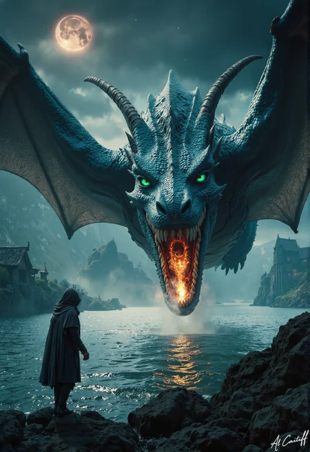 Dutch tilt, 50mm fisheye lens with pronounced barrel distortion, extreme motion blur on water, deep f/4 depth of field. A massive, twisted dragon with iridescent blue scales and a pair of curved horns made of polished obsidian rises from the depths of a mist-shrouded lake, its wings outstretched in a fiery arc. The dragon's eyes burn with an intense, hellish green light, while its mouth is open in a scream, revealing rows of razor-sharp teeth. A figure in a worn, tattered cloak stands on the lake's edge, arms outstretched as if to summon the dragon. The figure's face is obscured by a hood, but a faint, otherworldly glow emanates from within. The sky above is a deep, foreboding indigo, with a distant solar flare casting a warm orange glow across the scene.<lora:CustomFlux/MysticRealism.safetensors:1.0000000000000002:1.0000000000000002>
