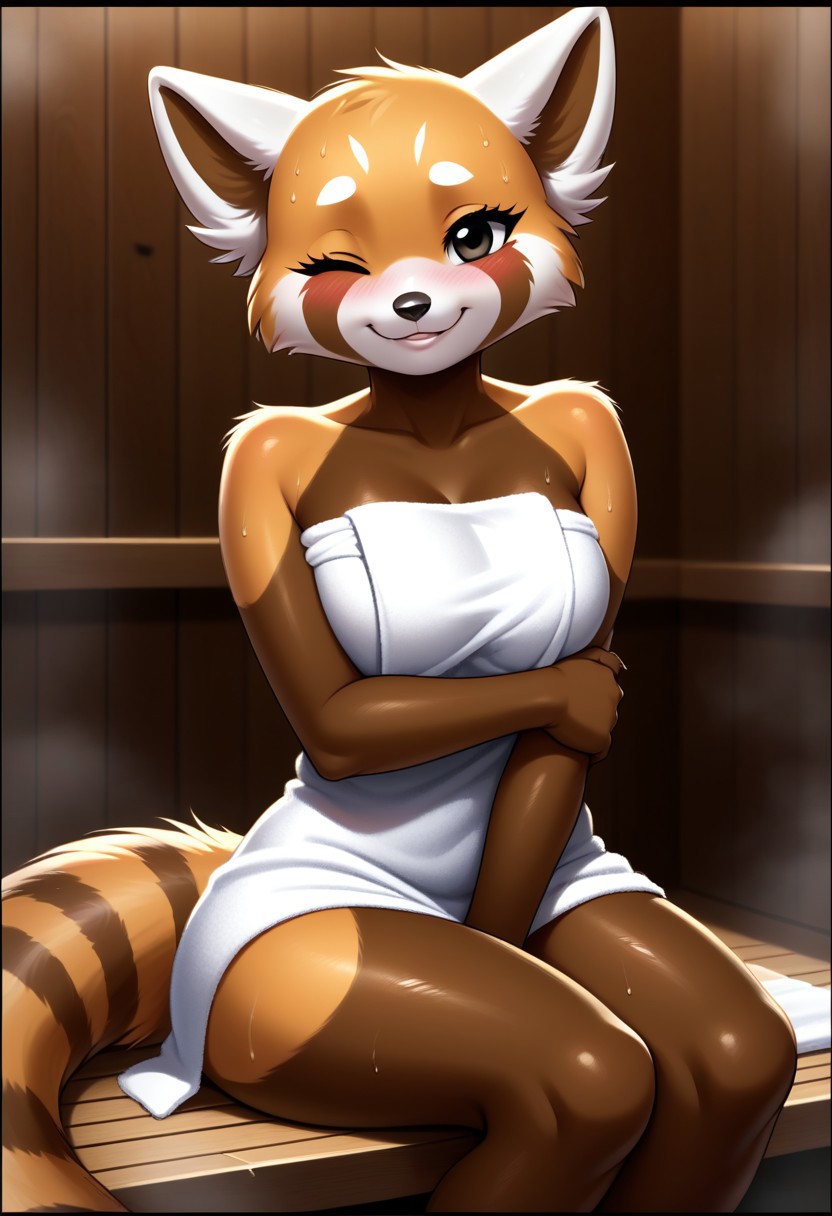 (detailed texture, digital artwork, improved quality, soft shading, cartoon, black borders:1.2), ((sauna, blurred background)), (((solo))), ((orange-brown fur, textured fur, anthro red panda, female, Retsuko_(Aggretsuko):1.0)), ((snout, ears, tail, claws, black eyes, eyelashes)), ((white towel covering body:1.2)), ((smile, blush, wet, one eye closed, posing, sitting)),