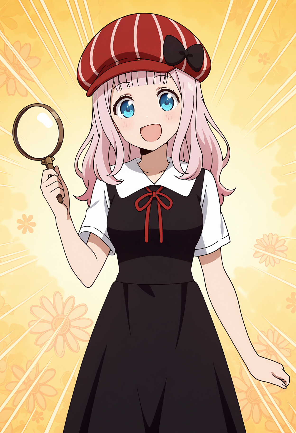 anime screencap, masterpiece, best quality,
<lora:Kaguya-samaWaKokurasetai_FujiwaraChika_IlluXL:0.9>,
1girl, solo, open mouth, smile, blush,
blunt bangs, long hair, pink hair, blue eyes, hair bow, black bow,
cabbie hat, hat bow, striped headwear, red headwear, 
pinafore dress, medium dress, black dress, neck ribbon, red ribbon, white shirt, short sleeves, 
holding magnifying glass,
standing, looking at viewer, cowboy shot,
emphasis lines, floral background, yellow background