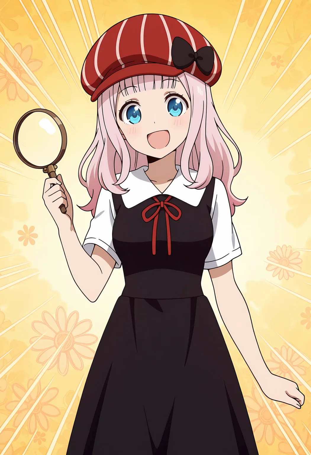 anime screencap, masterpiece, best quality,
<lora:Kaguya-samaWaKokurasetai_FujiwaraChika_IlluXL:0.9>,
1girl, solo, open mouth, smile, blush,
blunt bangs, long hair, pink hair, blue eyes, hair bow, black bow,
cabbie hat, hat bow, striped headwear, red headwear,
pinafore dress, medium dress, black dress, neck ribbon, red ribbon, white shirt, short sleeves,
holding magnifying glass,
standing, looking at viewer, cowboy shot,
emphasis lines, floral background, yellow background