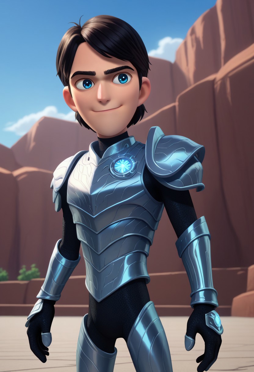 score_9, score_7_up, 
jimth, 1boy, male focus, solo, blue eyes, black hair, short hair, full armor, silver armor, light smile, 
outdoor, sky,