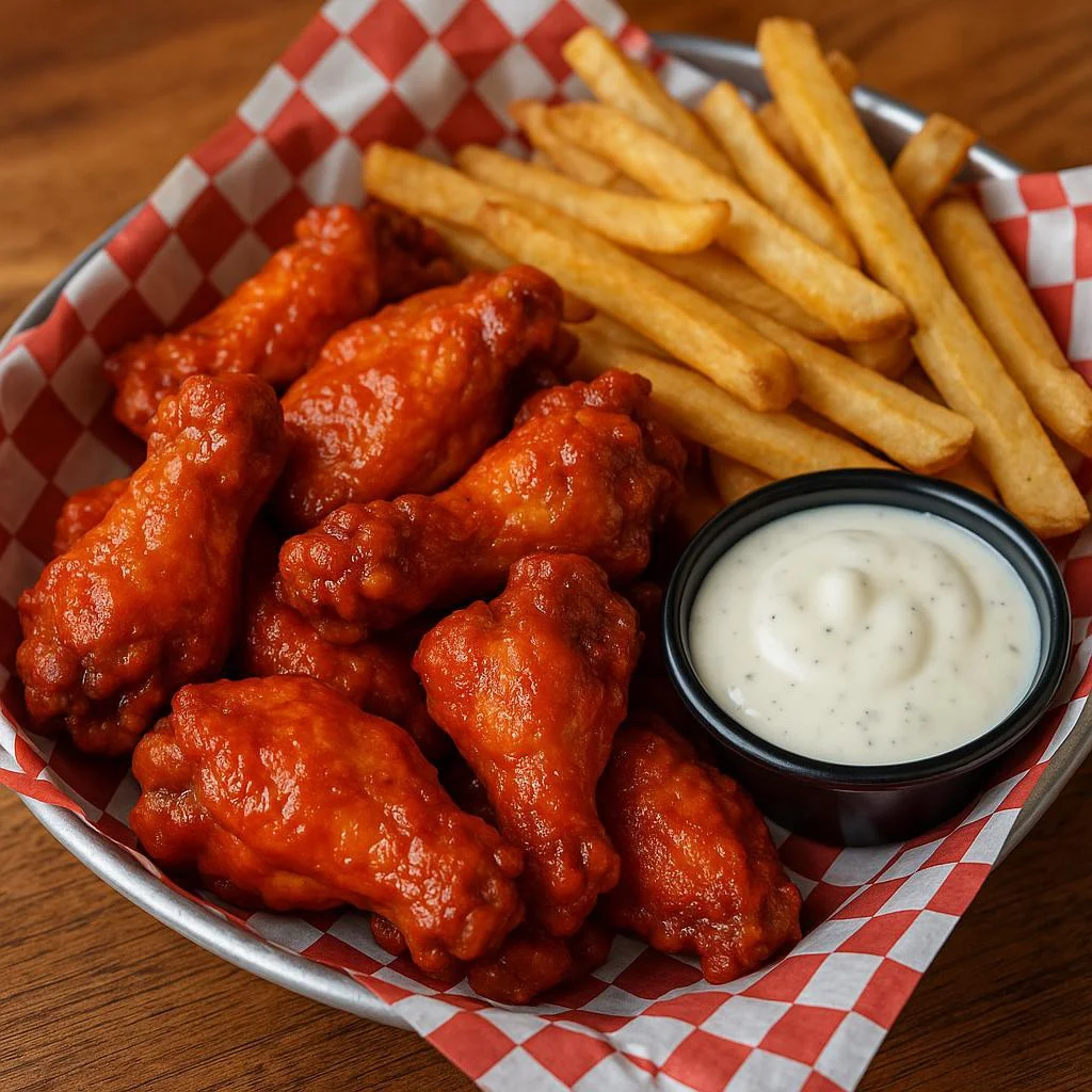 High quality photo of saucy buffalo wings with a side of ranch in a container, Its served in a basket with checkered paper, Its served with a side of fries, realistic, 8k uhd, high quality