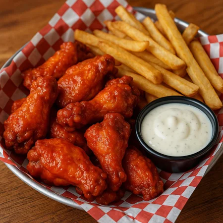 High quality photo of saucy buffalo wings with a side of ranch in a container, Its served in a basket with checkered paper, Its served with a side of fries, realistic, 8k uhd, high quality