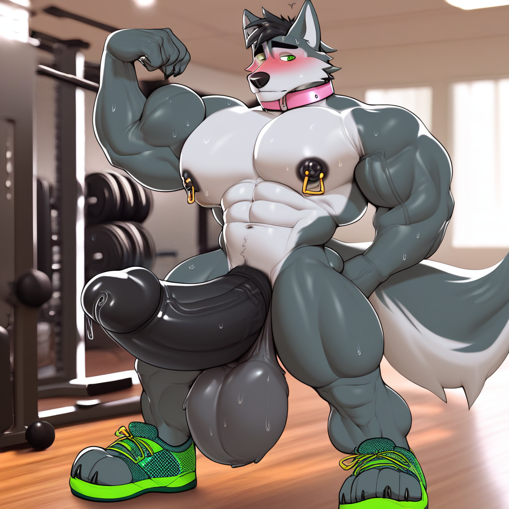 score_9, score_8_up, score_7_up, 2k, 4k, high res, 2d (artwork), detailed background, Tsukielewds, wolf, grey body, green eyes, white fur, black short hair, 1boy, solo, large pectorals muscular male, abs, bara, large nipples, gold nipple piercings, pink collar, wolf tail, furry, proud expression, blushing, sweating, sweaty, naked, green toeless shoes, large hips, bottom heavy, thick thighs, male genitals, penis, testicles, large penis, erection, large testicles, gym background, bright room, standing