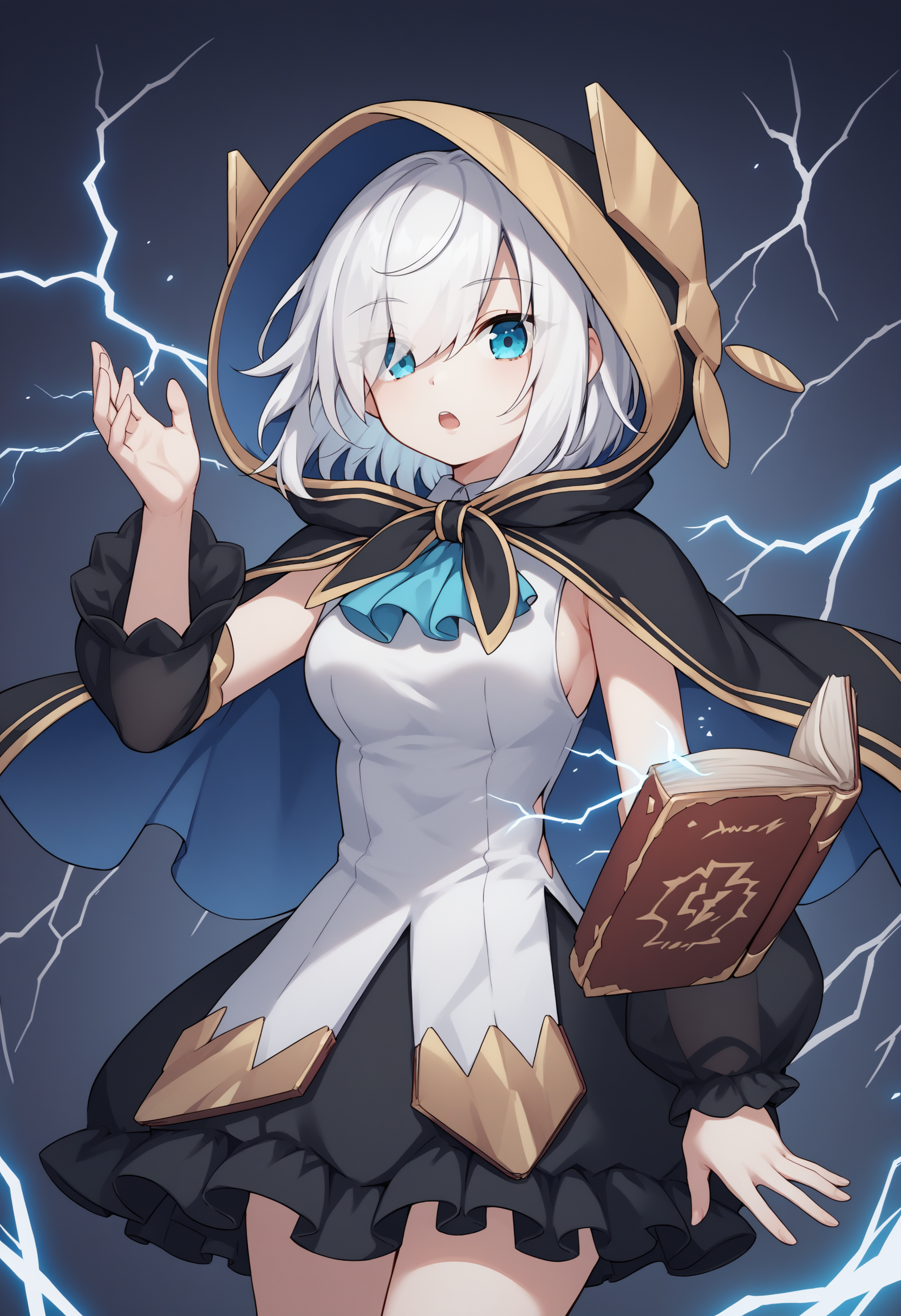 score_9, score_8_up, score_7_up, source_anime, aa1, blue eyes, white hair, eyes visible through hair, short hair, hood, cape, shirt, white shirt, sleeveless shirt, ascot, puffy sleeves, see-through sleeves, detached sleeves, black sleeves, skirt, black skirt, large head, breasts, cowboy shot, lightning, open mouth, book, floating book, magic, dark background<lora:ArsAlmalXL-17:1>