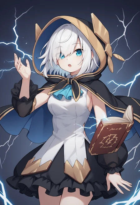 score_9, score_8_up, score_7_up, source_anime, aa1, blue eyes, white hair, eyes visible through hair, short hair, hood, cape, shirt, white shirt, sleeveless shirt, ascot, puffy sleeves, see-through sleeves, detached sleeves, black sleeves, skirt, black skirt, large head, breasts, cowboy shot, lightning, open mouth, book, floating book, magic, dark background<lora:ArsAlmalXL-17:1>