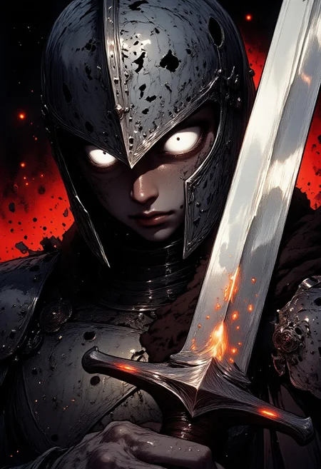 A brutal, battle-hardened knight’s eyes under a cracked and scorched helmet, gripping the hilt of a massive sword with one hand. His eyes glow dimly with grim determination. The sword’s oversized blade is partially visible, gleaming ominously, with flashes of deep red highlights glinting along the edges, adding an eerie, fiery aura. The knight's hand, rough and scarred, clasps the grip tightly, showing the strength required to wield such a weapon. Reddish tones emphasize the wear and tear on his skin, with crimson light tracing the sharpest edges of the blade. The ink lines are rough and heavy, capturing deep scars, wrinkles, and dust etched into his skin. His gaze is confident, menacing, with a slight, bitter crinkle suggesting hardened defiance. High-contrast monochromatic illustration with deep blacks and raw hatching, accented with vibrant red streaks that punctuate the scene, creating an atmosphere heavy with the weight of countless battles. nistyle, Studio Ghibli Dark Fairytale.