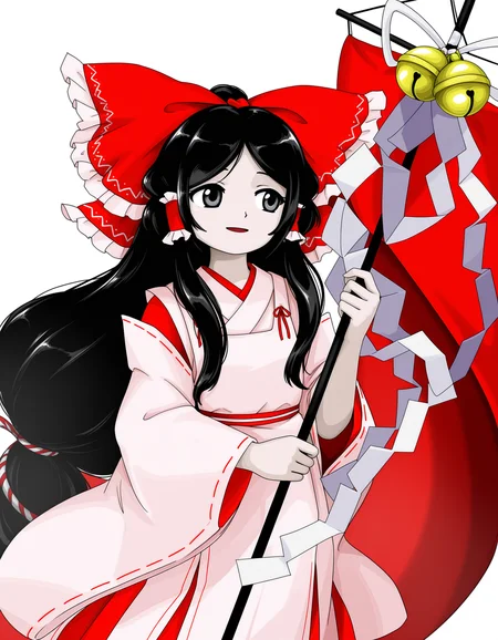 <lora:fdshakureimiko-000009:1.1>, [fdshakureimiko, black hair, hair bow, long hair, hair tubes, large_bow, red bow, frilled_bow, detached sleeves, white_kimono, red_shirtããholding gohei, bell, ], <lora:Touhou_ZUN_style:0.9>, zun \(style\), white background, grey eyes,, newest,absurdres,highres,(masterpiece, best quality, very aesthetic),absurdres,aesthetic,detailed,beautiful color,amazing quality,masterpiece,best quality