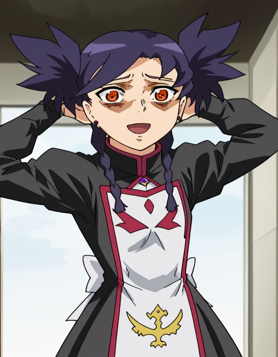 score_9, score_8_up, score_7_up, source_anime, <lora:nina-wang-s1-ponyxl-lora-nochekaiser:1>, nina wang, bangs, twintails, purple hair, braid, twin braids, orange eyes, anime screencap,, long sleeves, dress, jewelry, earrings, puffy sleeves, black dress, juliet sleeves,, hospital room, bedside, get well flowers, comforting, quiet, smile, <lora:shocked-black-guy-ponyxl-lora-nochekaiser:1> shocked black guy, open mouth, looking at viewer, hands behind head, shaded face,, looking at viewer, solo,, dutch angle, cowboy shot