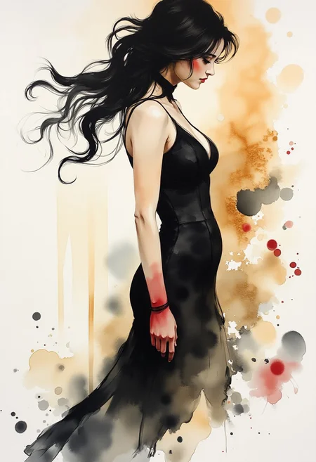 in the style of ck-mgs, nistyle, , ArsMJStyle, Expressive Watercolor Ink Wash, Ink splash on handmade rice paper, ultra-detailed sepia wash with molten gold leaf accents and blood-red sumi drips, ethereal Silhouette Art of a sultry Asian femme fatale), flowing black hair dissolving into crows’ feathers, body-hugging qipao-style evening gown with torn slit revealing garter straps, smudged dark eyeshadow like cried-off mascara,
