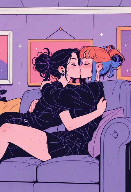flat_colors, Flatline, Flat vector illustration,
dynamic pose,

2girls, lesbians,
sofa, hug, kiss,
freckles,
multicolored hair, punk hairstyle,

inside,
incoth, (incase:0.6), artist:moriimee,