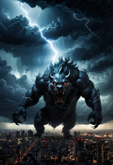 black clouds, rain, lightening, dark, night, ( beast appears from the rolling cloud), The beasts looks down as he towers above the city below, DEVIL SPAWN