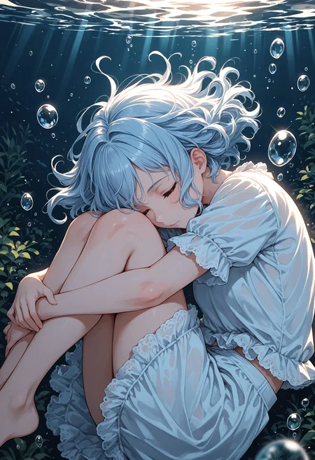 masterpiece, best quality, very awa, safe, 1girl, short hair, wavy hair, (bob cut:0.3), light blue hair, fetal pose, closed eyes, knees to chest, casual clothing, bubbles, underwater, sunbeam, hugging own legs,