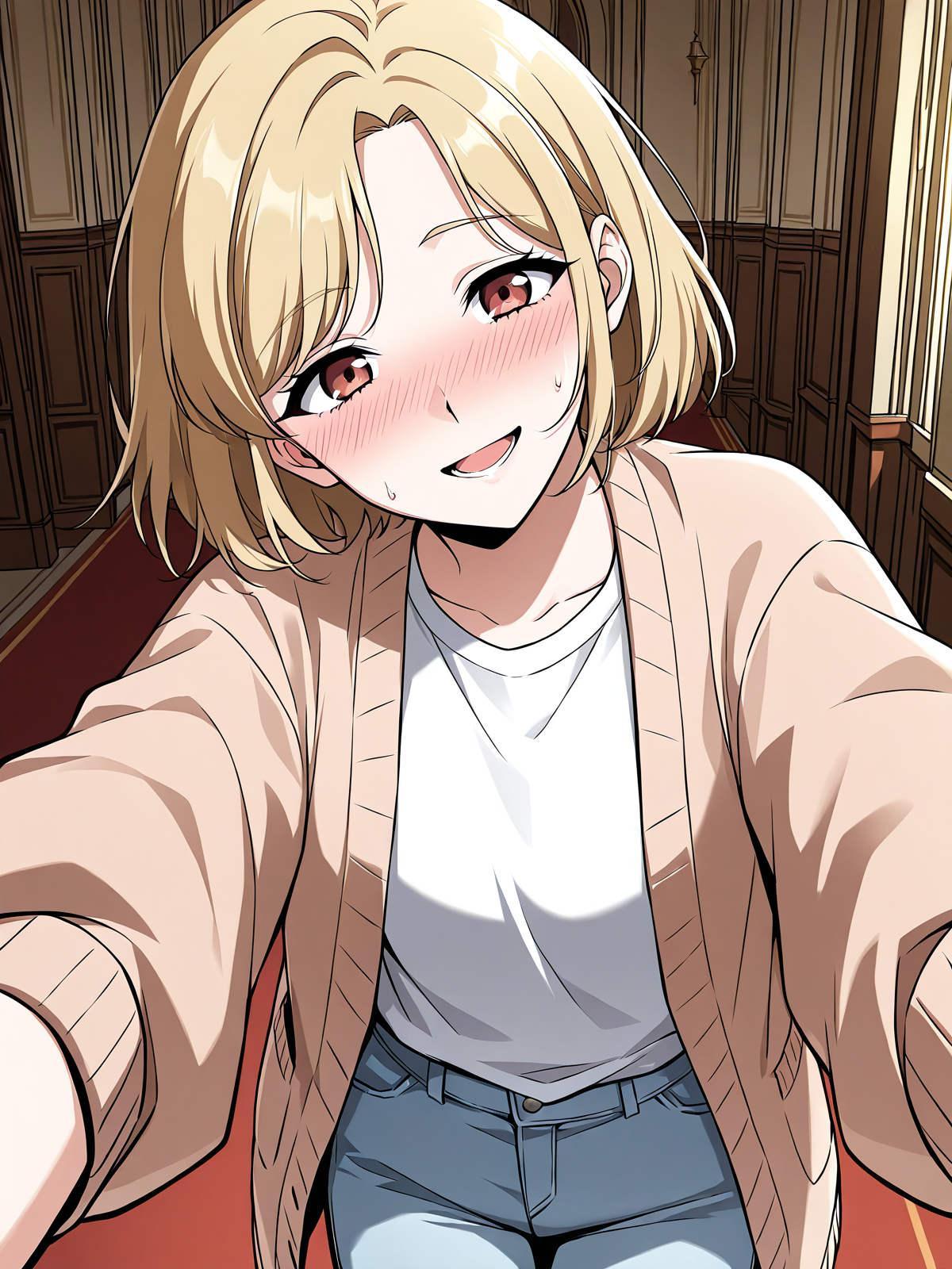 <lora:Omniscient_Readers_Viewpoint__Shin_Yoosung:1>
1girl, solo, short hair, blonde hair, soft expression, light skin,  red brown eyes,
light brown cardigan, white t-shirt, light blue jeans, casual outfit, long sleeves, rolled cuffs,
score_9, score_8_up, score_7_up, score_6_up, source_anime, rating_explicit, 1girl, solo, smile, embarrassed, alcalose eyes, open mouth, mansion, indoors, looking at viewer, outstretched arms, pov, close-up, (head tilt:1.2)