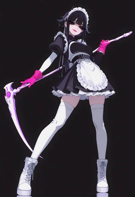 A girl in a maid outfit with white boots, holding a long blue scythe. She has black hair, pink gloves, and an anime-style character design. She has light red lipstick, dark eyes, and long eyelashes. She is in a cute pose, with a full-body shot against a lakeside background. The is simple, with white shoes and a silver ribbon on her headband. She is smiling, in the style of 2D game art..
, xxx667_illu, melanch0ly, <lora:illustriousXL_stabilizer_v1.23:0.3> <lora:NOOB_vp1_detailer_by_volnovik_v1:0.3> <lora:ponyv6_noobE11_2_adamW-000017:0.3> <lora:XXX667:0.7> <lora:MelancholyAnime:0.8>