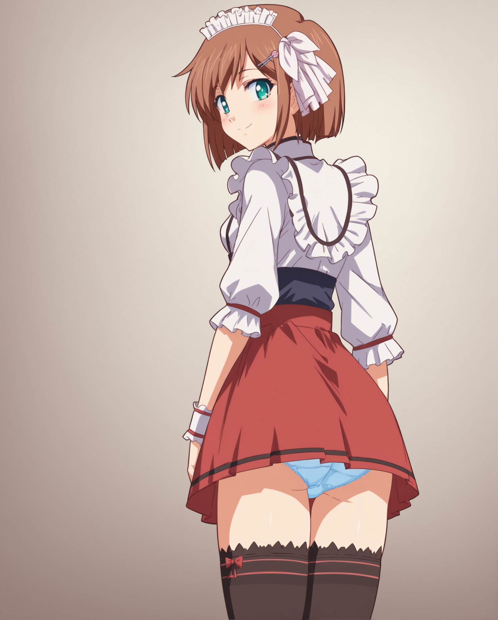 score_9, score_8_up, score_7_up, source_anime BREAK 1girl, Moemi, solo, female focus, short hair, brown hair, hairclip, green eyes, looking at viewer, blush, smile, standing, small breasts, sideboob, hidden hands, maid, maid headdress, bow, thighhighs, red skirt, frills, miniskirt, ass, ass focus, panties, gluteal fold, <lora:Kanzaki_Moemi_Ryoujoku_Famiresu_Choukyou_Menu_for_Pony:1>, rating_questionable
