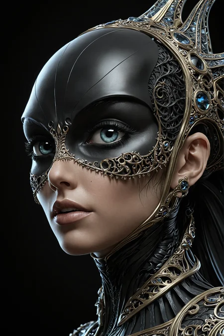 Gothic style famous artwork by (carl frank:1.1), (dramatic scene:1.3), (fractal art:0.4), fantasy style, dynamic angle,
female [Zebra Shark:alien:.2] looking Pensive, Eyes focused inward, brow furrowed, and lips pursed. into the camera  <lora:add-detail-xl:3> . Dark, mysterious, haunting, dramatic, ornate, detailed