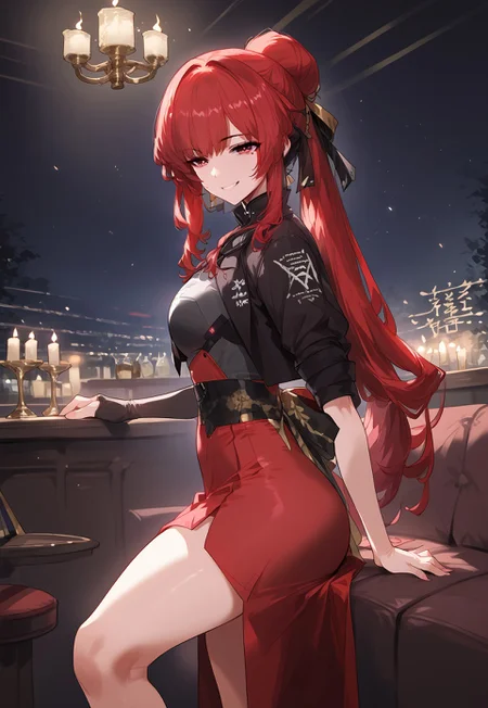 zPDXL3, score_9_up, score_8_up, score_7_up, (Anime_source), 1girl, Garnet, red eyes, red hair, long hair, Mole under eye, red dress, looking at viewer, cowboy shot, sitting on couch, bartender, night, dark room, light candle, crossed leg, from side, smile, half closed eyes