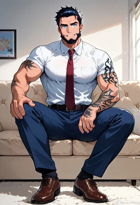 vscore_9, score_8_up, score_7_up, score_6_up, score_5_up, score_4_up,man daddy, Long hair, Light blue eyes, Beard, Muscular and defined, pectorals, Tattoo on the right shoulder, a flame design, Sun-shaped tattoo on the left arm, manly appearance, body hair, cartoon style, fitted navy blue suit, white shirt, burgundy tie and black leather shoes, projecting elegance and sophistication.