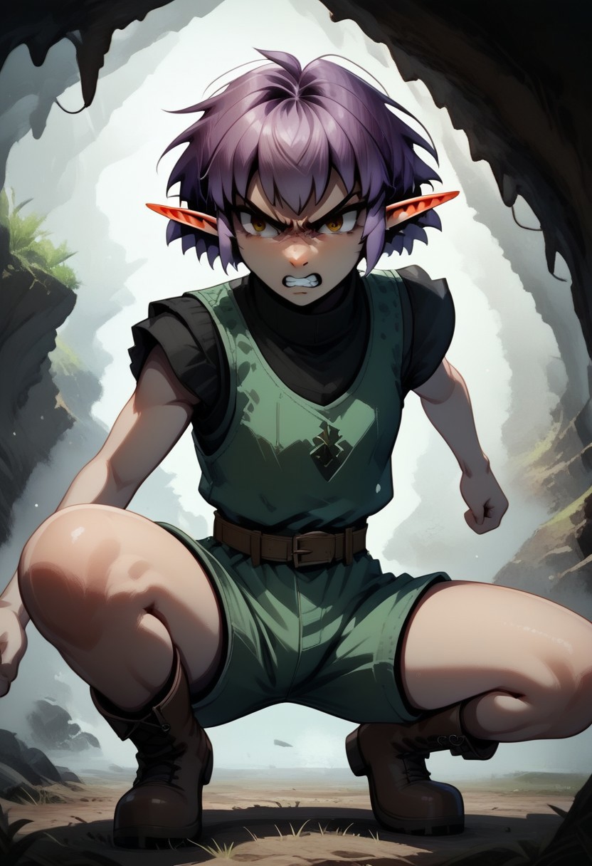 Parnea, 1 person, androgynous, solo, pointy ears, short hair, hazel eyes, lilac hair, green vest, black undershirt, turtleneck collar, green shorts, brown belt, brown boots,
organic cavern background,
Close up, angry, glaring, bared teeth, fighting stance, crouching, fists raised, 3-fingers-1-thumb,
Medieval style, Dutch angle,
Smooth colors, clean lines, high quality, best quality, masterpiece, score: 9, score: 8 up, rating: safe, source: semi-realistic,