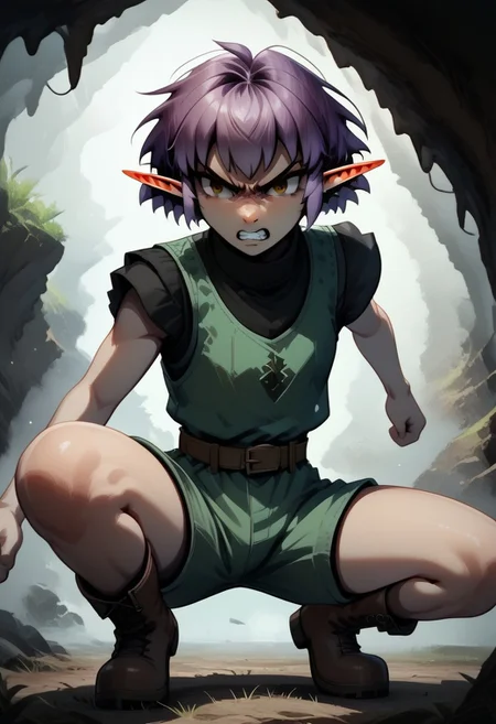 Parnea, 1 person, androgynous, solo, pointy ears, short hair, hazel eyes, lilac hair, green vest, black undershirt, turtleneck collar, green shorts, brown belt, brown boots,
organic cavern background,
Close up, angry, glaring, bared teeth, fighting stance, crouching, fists raised, 3-fingers-1-thumb,
Medieval style, Dutch angle,
Smooth colors, clean lines, high quality, best quality, masterpiece, score: 9, score: 8 up, rating: safe, source: semi-realistic,