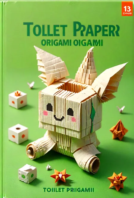 book cover title "Toilet Paper Origami" , <lora:cinexart:0.5>, <lora:wizards_vintage_romance:0.6>, <lora:Harrlogos_v1.1:0.8>,  <lora:ral-vxl:0.8>