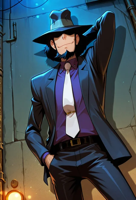 safe_pos, safe_pos, score_9, score_8_up, score_7_up, score_6_up, perfect anatomy, perfect proportions, best quality, masterpiece, high_resolution, high quality, best aesthetic, absurdres, highres, extremely detailed, huge filesize, solo male, adult, mature, masculine, manly, handsome, charming, alluring, standing, upper body, dutch angle, cowboy shot, perfect face, perfect eyes, source_anime \(Lupin III\), anime coloring \(Lupin III\), Daisuke Jigeni, LP3Jigen, black hair, sideburns, facial hair, chinstrap beard, jawline beard, eyeless, hidden eyes, eyes in shadow, eyes hidden by shadows, fedora, LP3Jigen_outfit02, black suit, purple collared shirt, white necktie, black blazer, black pants, black boots, single arm raised, leaning on wall, outdoor, alley, nught, dark, sexy, smirk, seductive_pose, from below, kinky, movie still, vibrant, vivid, stardom, glamorous, extraordinary achievement, award-winning, expressionist, cinematic still, emotional, harmonious, vignette, bokeh, cinemascope, moody, epic, gorgeous
